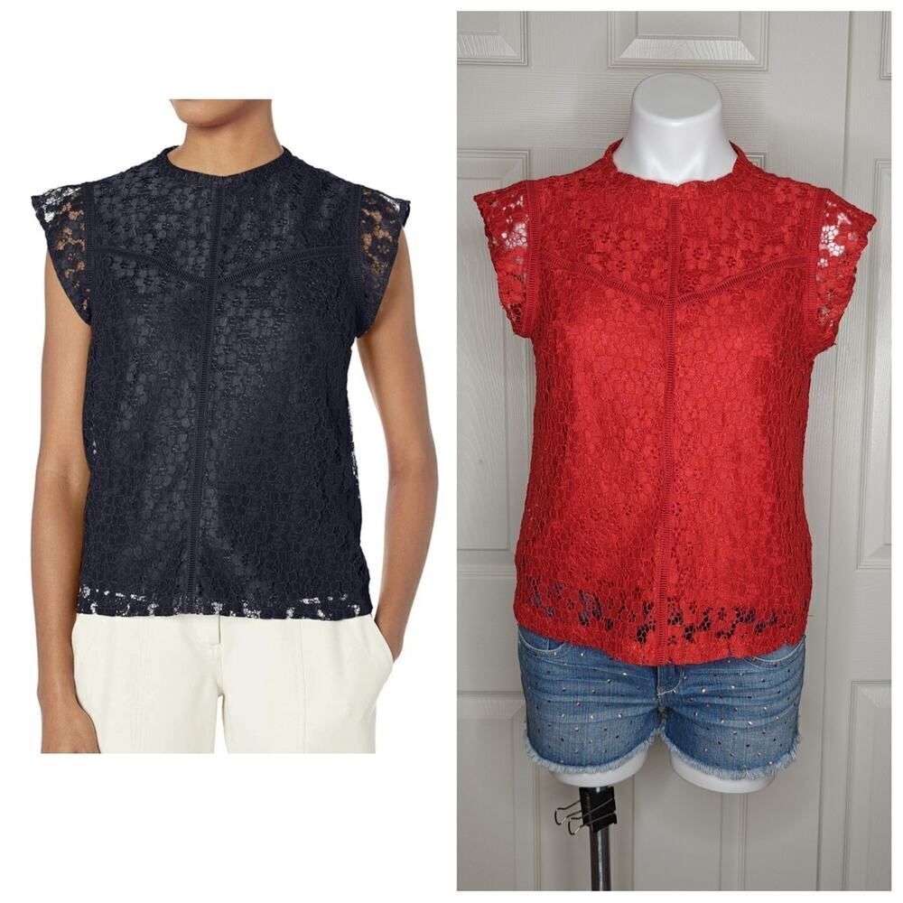 Nanette Lepore High Neck Floral Lace Overlay Cap Sleeve Top sz S